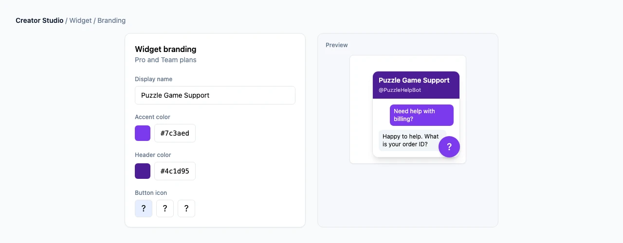 Pro widget branding: custom colors, display name, and preview