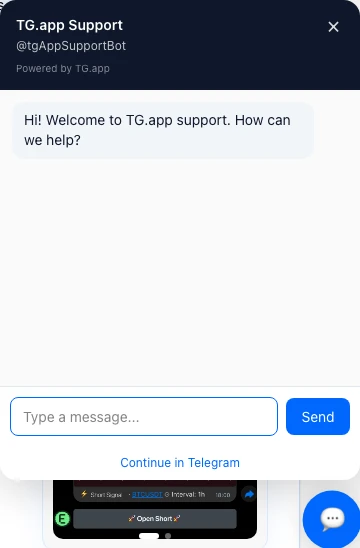Open TG.app support chat widget on a website